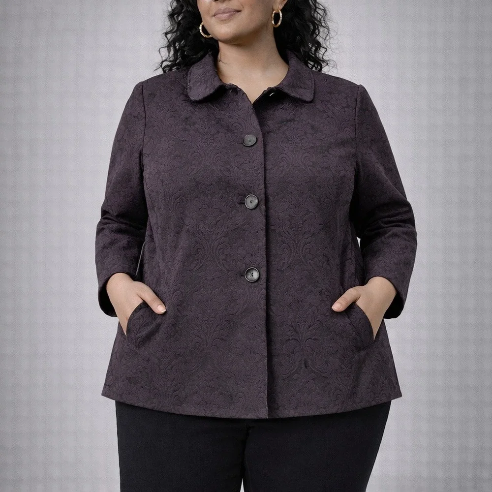 J.Jill Jacquard Button Front Jacket Damask Textured Lined Womens‎ 6 Black Floral